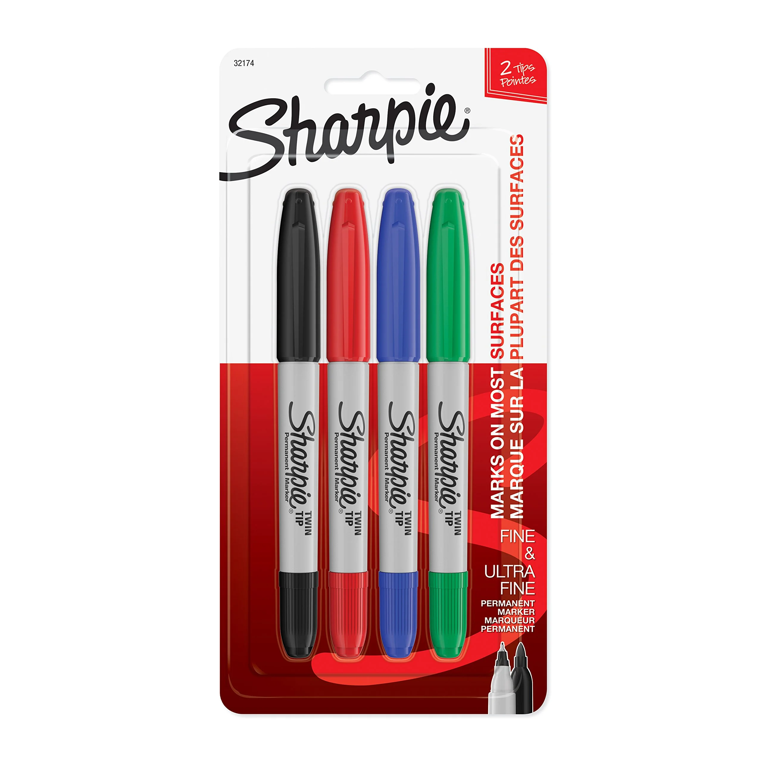 SHARPIE 32174PP Twin Tip Permanent Markers, Fine and Ultra Fine, Assorted Colors, 4 Count