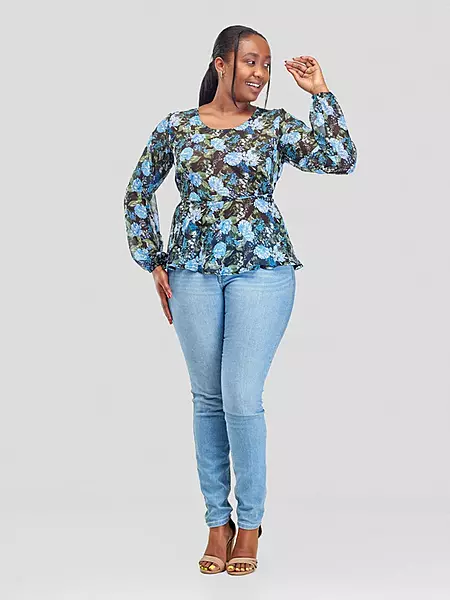 Silk House Collection Hulya Top - Blue Floral Print