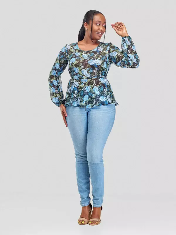 Silk House Collection Hulya Top - Blue Floral Print