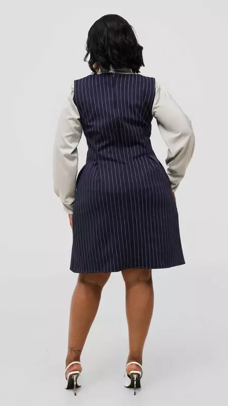 Silk House Collection Curvy Plus Size Amara Dress - Navy Blue Pinstripe
