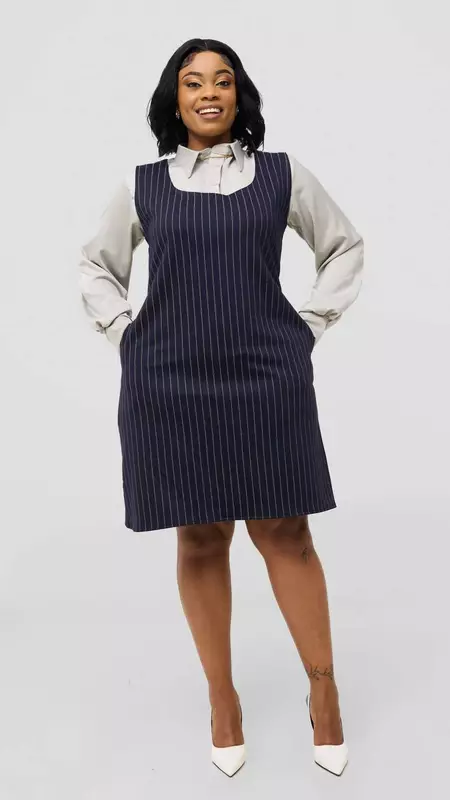Silk House Collection Curvy Plus Size Amara Dress - Navy Blue Pinstripe