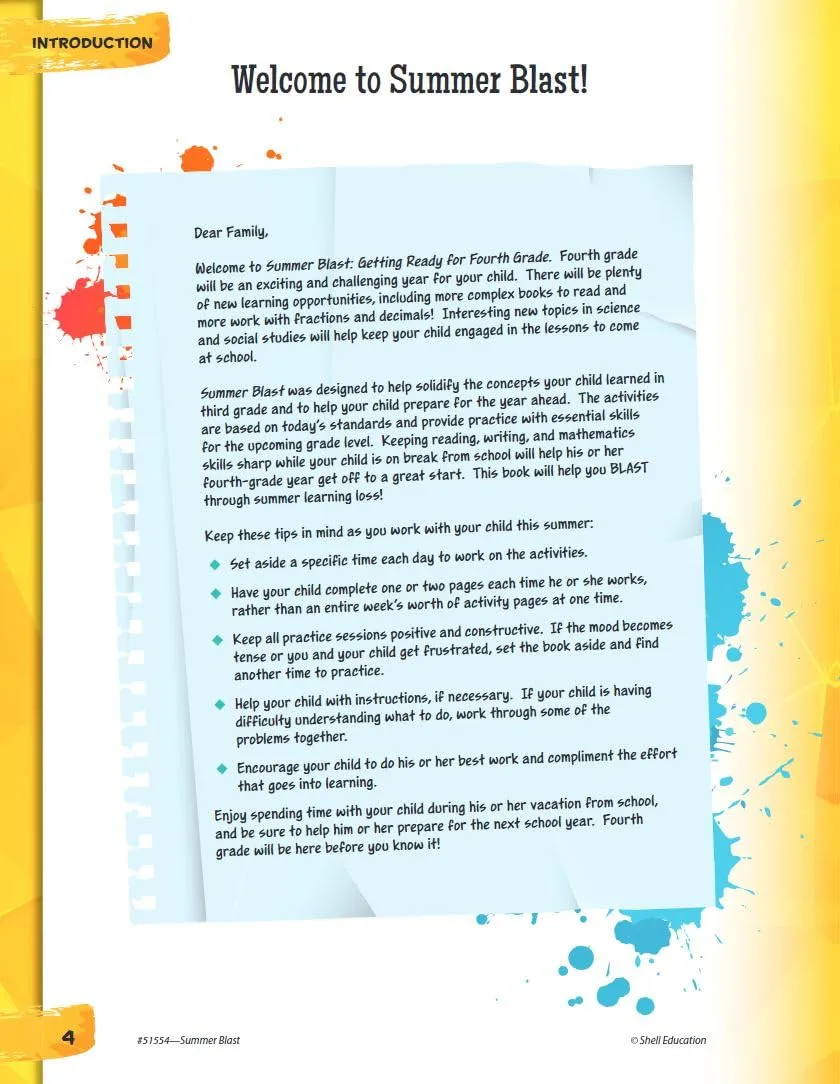Summer Blast: Getting Ready for Fourth Grade – Full-Color Workbook for Kids Ages 8-10 - Reading, Writing, Art