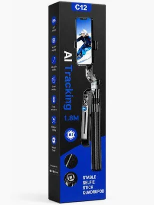 C12 AI Tracking Selfie Stick Tripod Quadrupod, 1.8M Stable Selfie Stick with 360° Rotation