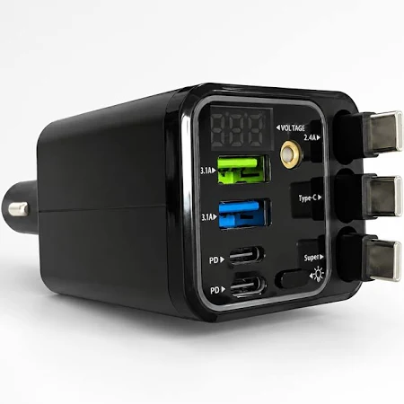 7 in 1 Multi- port Fast Car Charger with Retractable/Built-in Cables & Digital Voltage Display