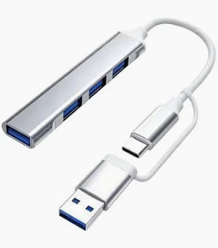 A 4-in-1 Metallic Grey USB and Type-C Multiport Hub