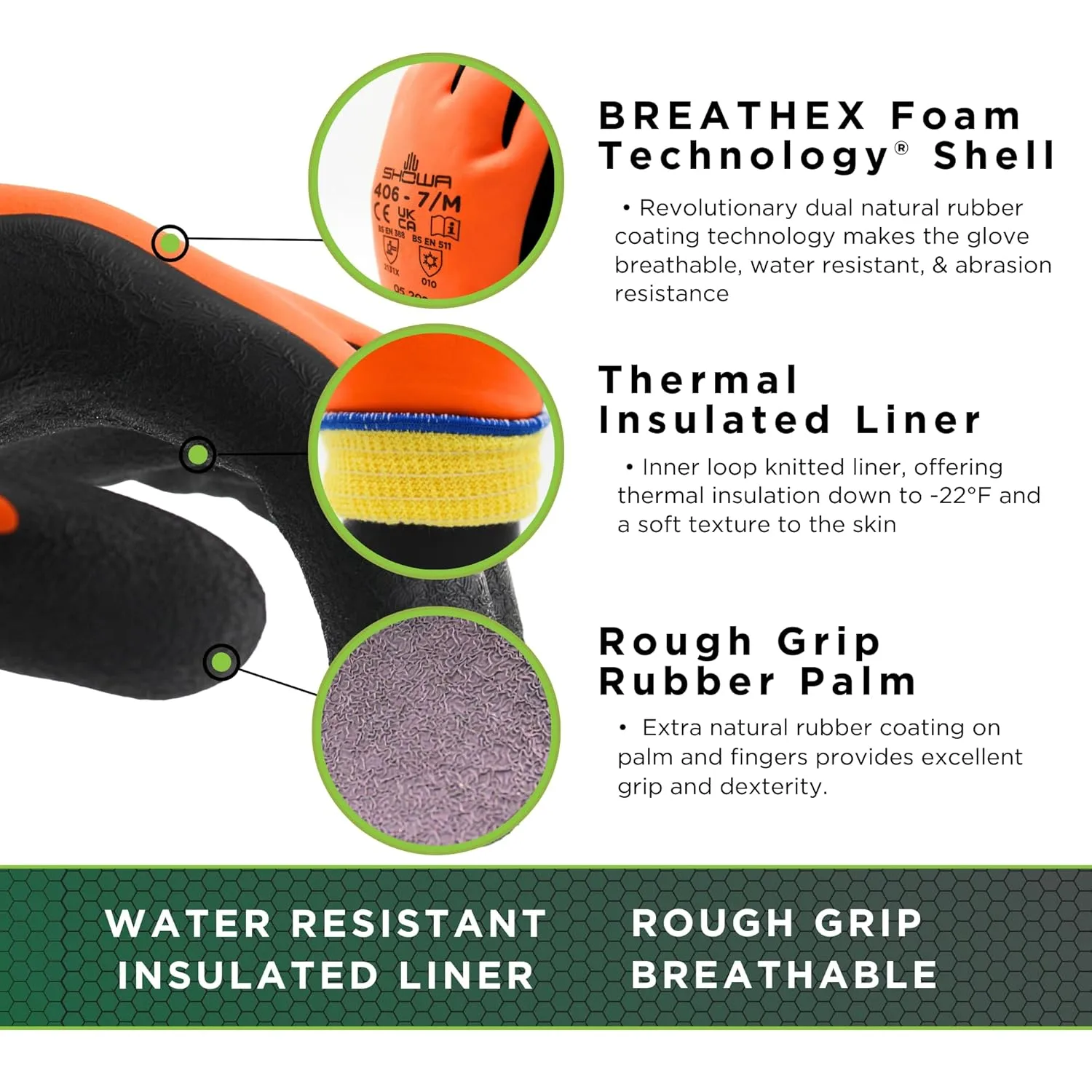 SHOWA 406 Full Double Coated Natural Rubber Latex Insulated General Purpose Winter Work Gloves with Nylon Blend Liner