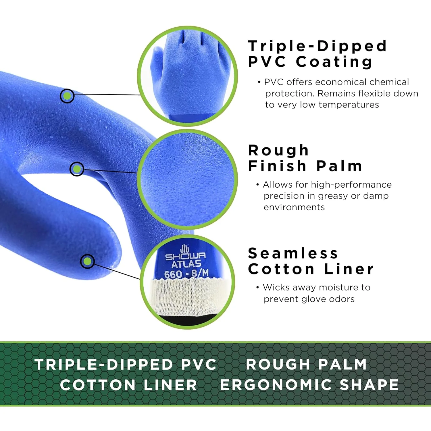 SHOWA Atlas 660 Triple-Dipped PVC Chemical-Resistant Safety Gloves, 12-inch Length