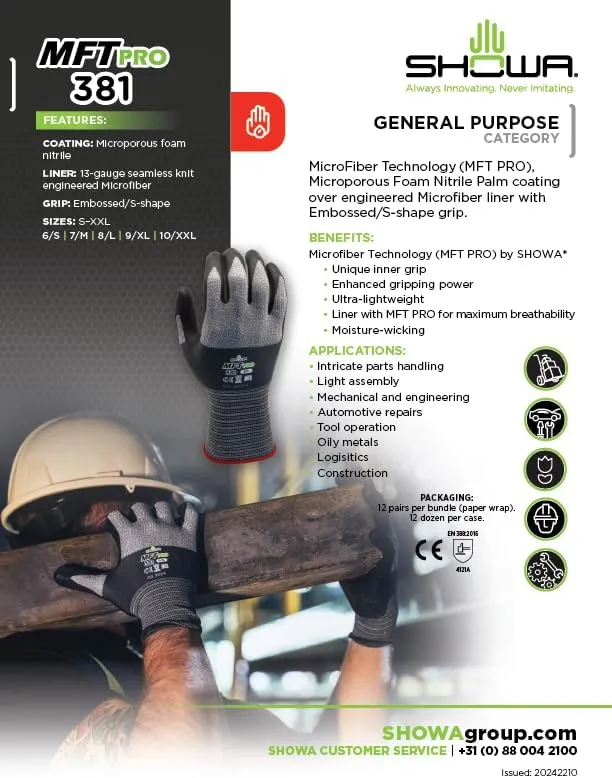 SHOWA MFT PRO 381 Foam Nitrile Palm Coated General Purpose Work Glove with Microfiber Liner X-Large Bulk Pack (12 Pair)