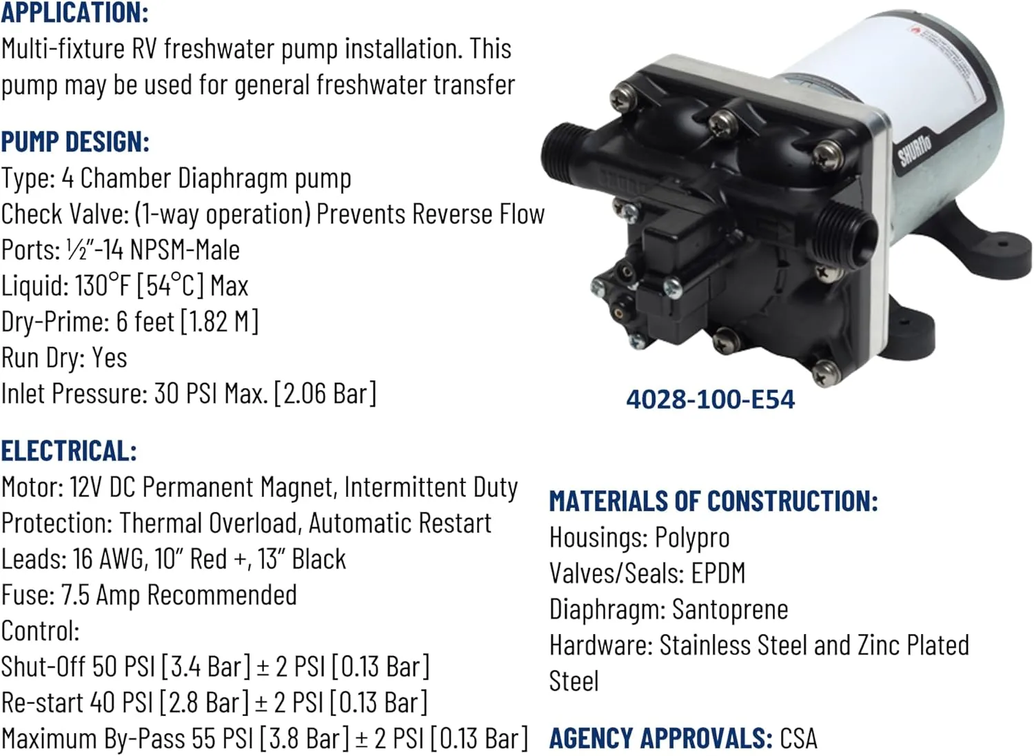 PENTAIR SHURFLO 4028-100-E54 12V Revolution Water Pump, 2.3 GPM, 50 PSI