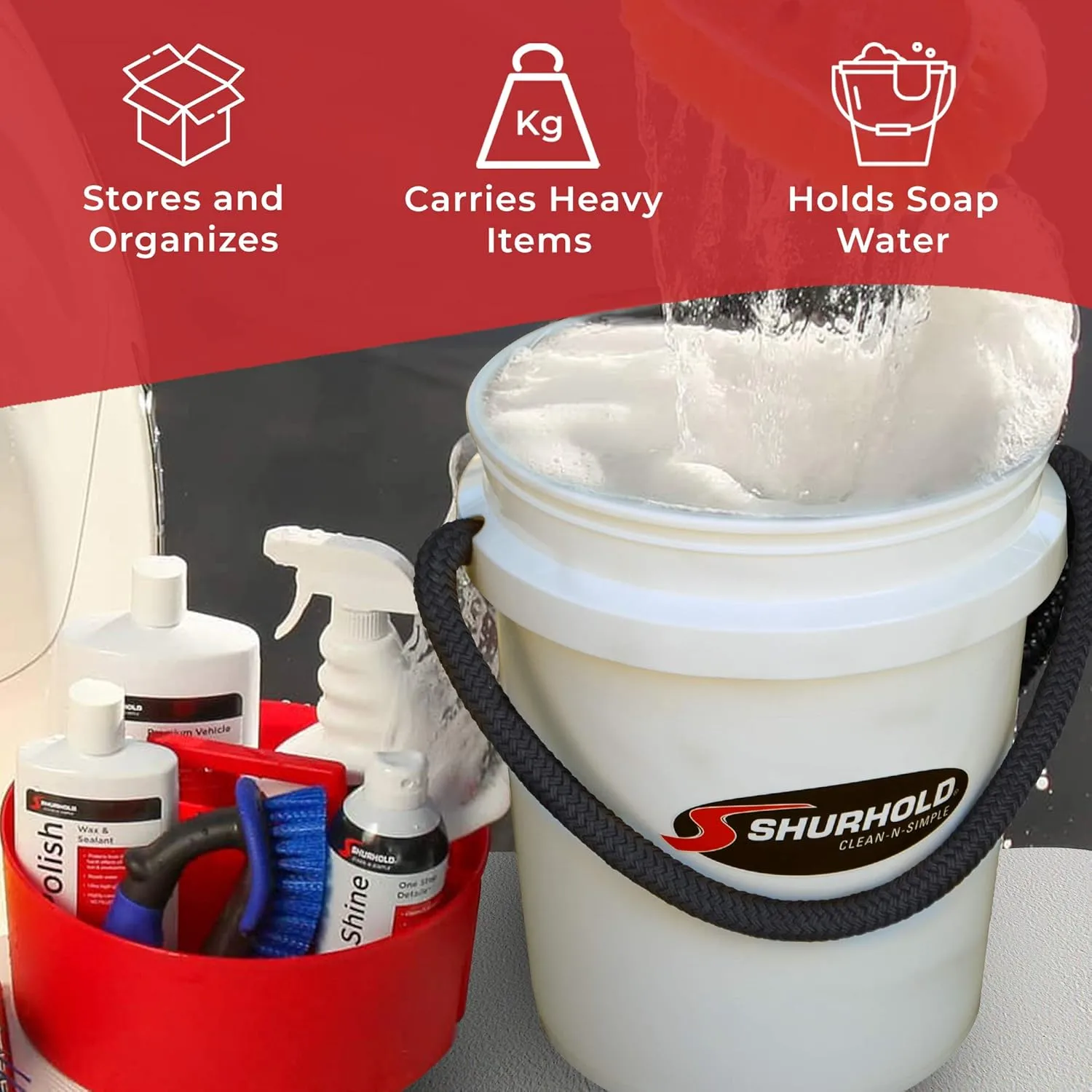 SHURHOLD One Bucket System - 5 Gallon Bucket with Rope Handle, Lid, Caddy & Grate