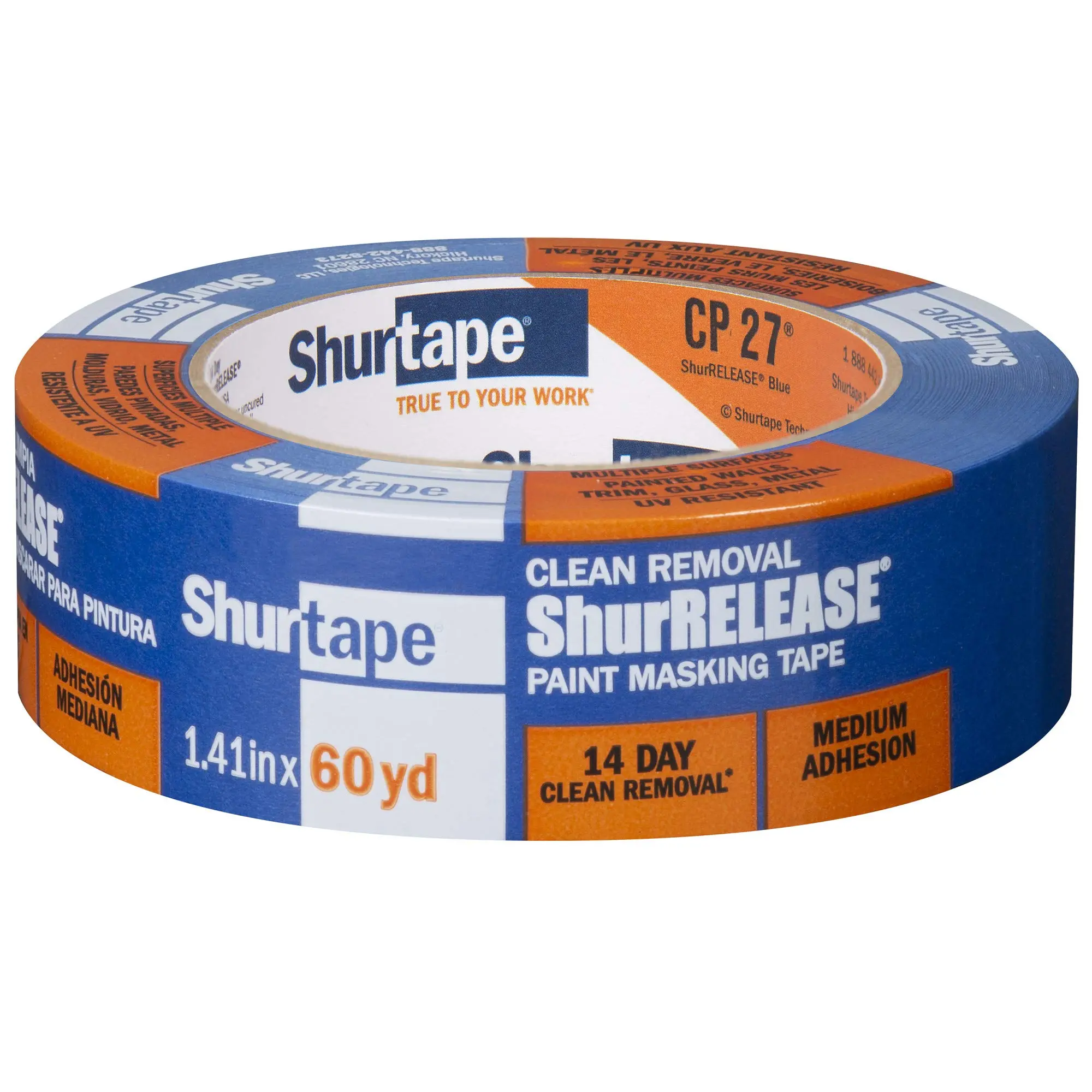 Shurtape CP 27 14-Day ShurRELEASE Painter's Tape, Multi-Surface, 36mm x 55m, Blue, 1 Roll (202879)