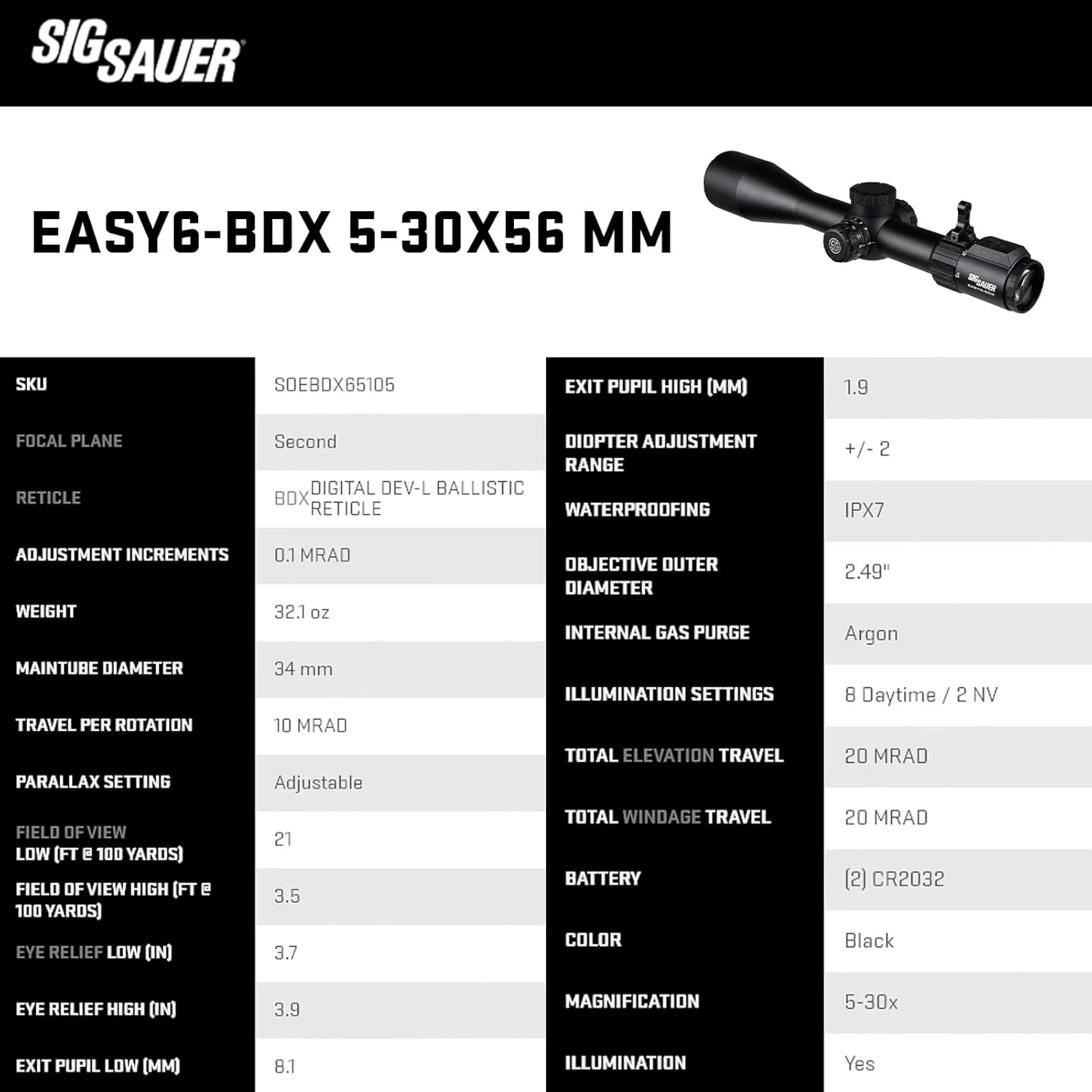 SIG SAUER EASY6-BDX Riflescope with Integrated BDX Ballistic Data Xchange | Compact Lightweight Waterproof Rifle Scope