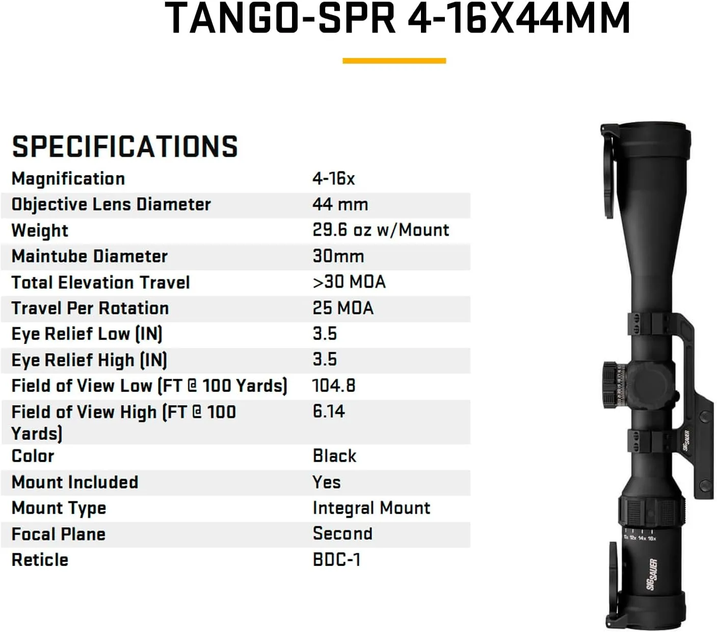 SIG SAUER Tango-SPR 4-16x44mm 30mm Tube Second Focal Plane/SFP/F2 Shockproof Waterproof Fogproof Tactical Riflescope | MOA