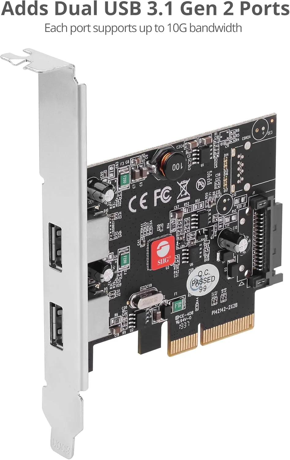 SIIG 2-Port USB 3.1 PCIe Card, PCIe 3.0 x4 to Two USB 3.1 Gen 2 Type-A, 10Gbps & 5V/900mA per Port, UASP, Over-Current Protection, Asmedia ASM3142 Chipset, Dual-Profile Brackets (JU-P20912-S2)