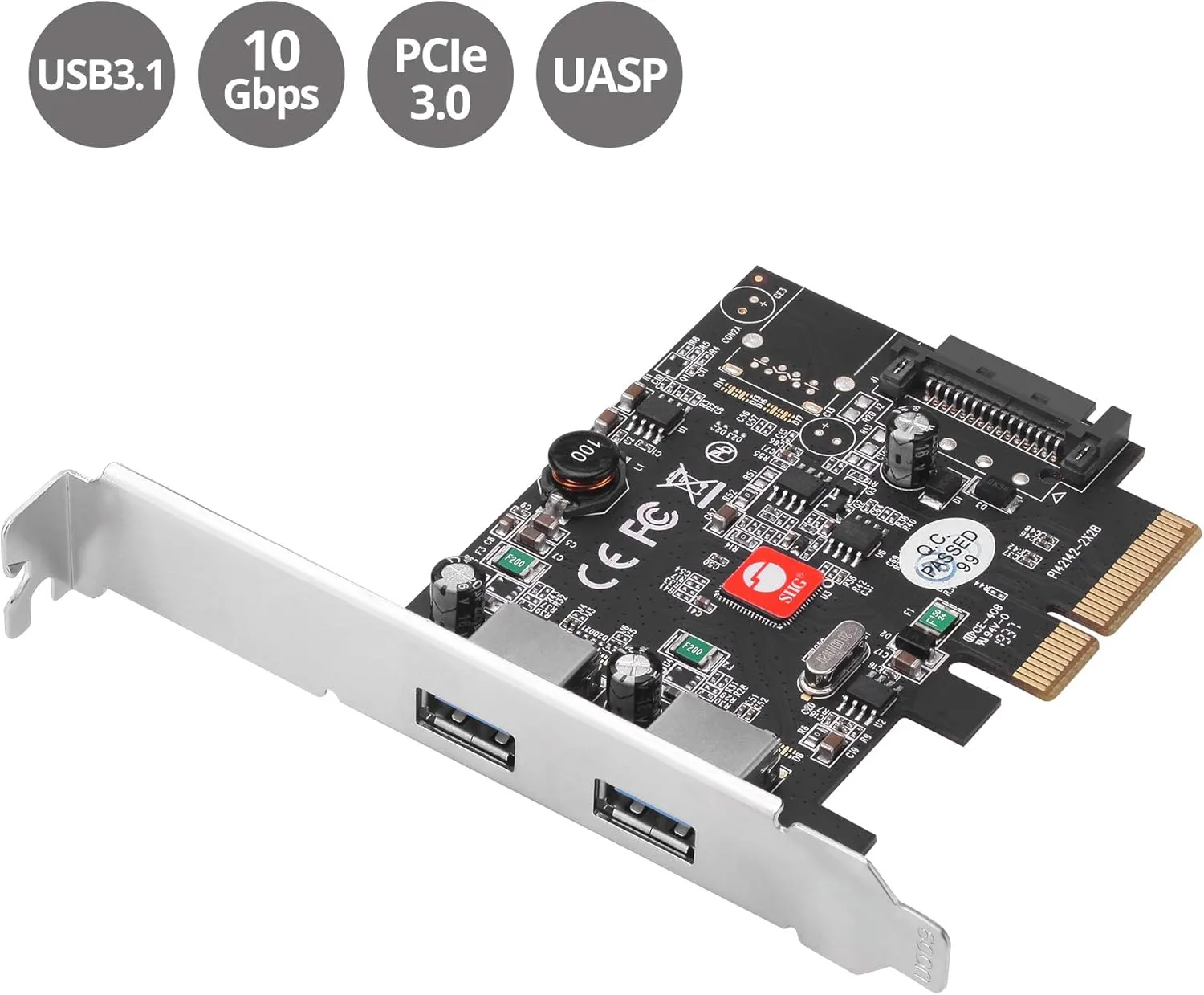 SIIG 2-Port USB 3.1 PCIe Card, PCIe 3.0 x4 to Two USB 3.1 Gen 2 Type-A, 10Gbps & 5V/900mA per Port, UASP, Over-Current Protection, Asmedia ASM3142 Chipset, Dual-Profile Brackets (JU-P20912-S2)