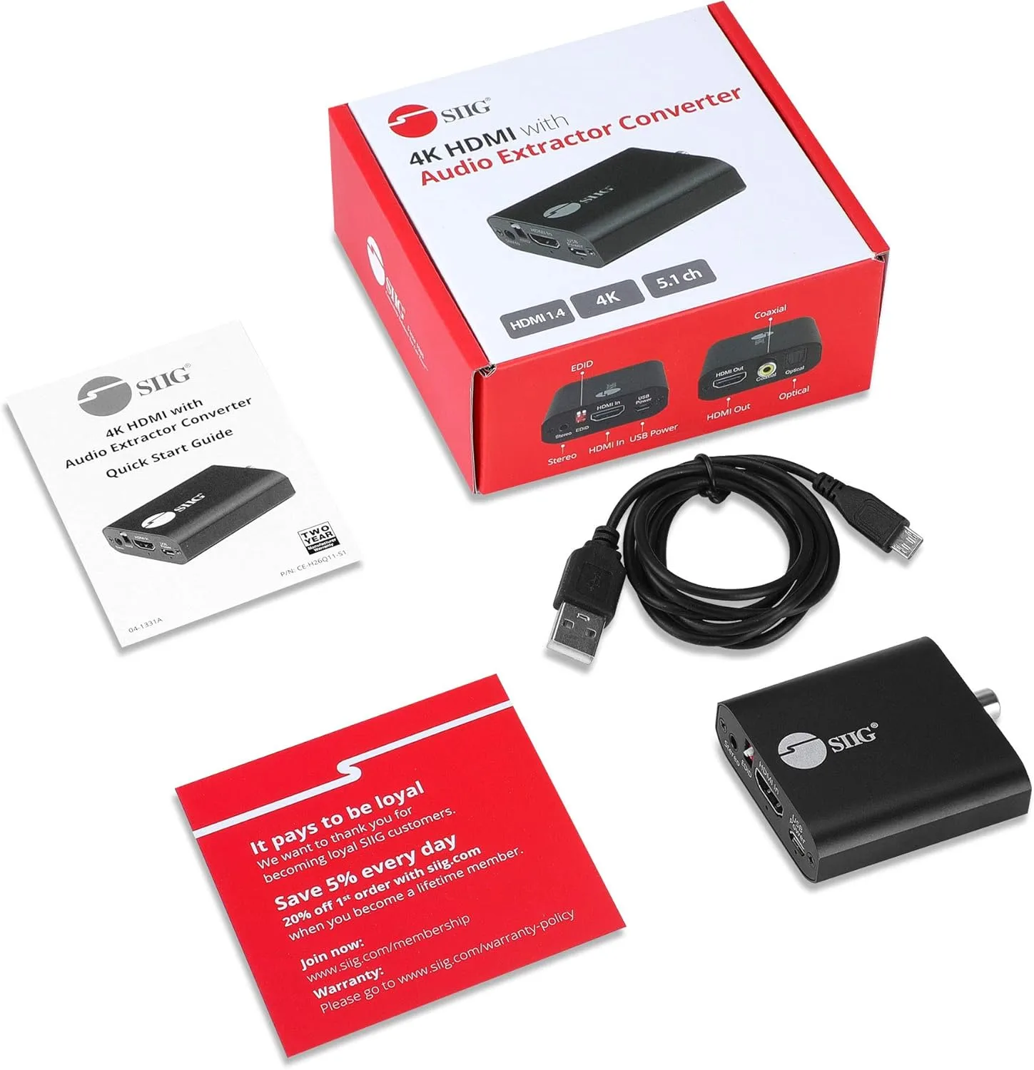 SIIG 4K HDMI Audio Extractor, 4K30Hz, HDCP 1.4, Audio Extract to Optical Toslink/Coaxial/ 3.5mm Simultaneously