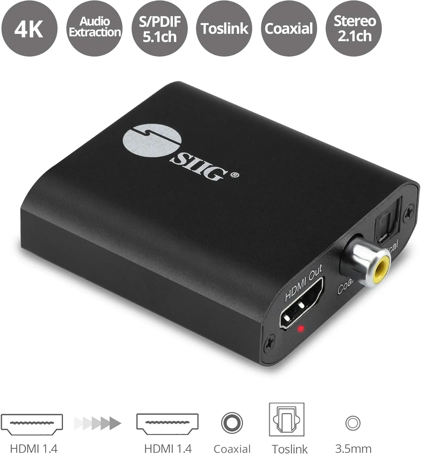 SIIG 4K HDMI Audio Extractor, 4K30Hz, HDCP 1.4, Audio Extract to Optical Toslink/Coaxial/ 3.5mm Simultaneously