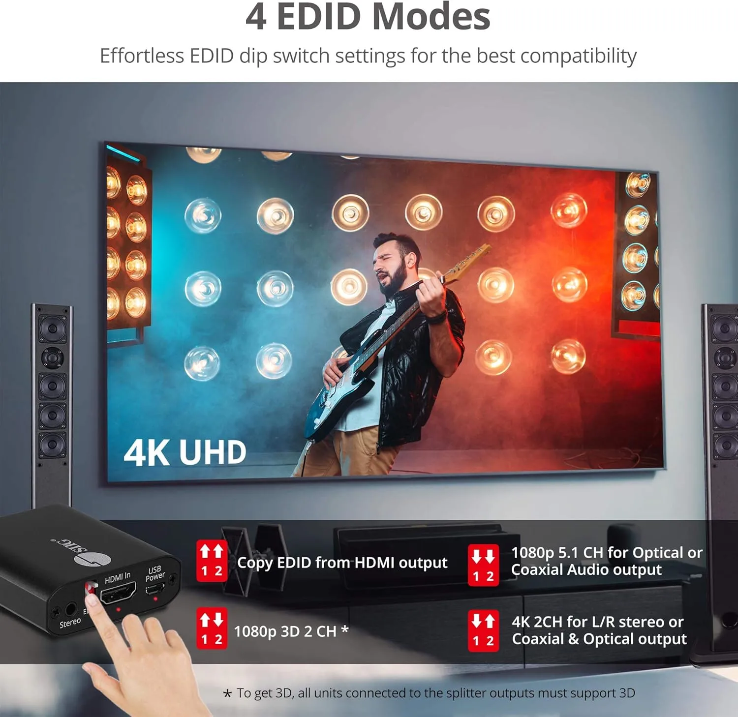 SIIG 4K HDMI Audio Extractor, 4K30Hz, HDCP 1.4, Audio Extract to Optical Toslink/Coaxial/ 3.5mm Simultaneously