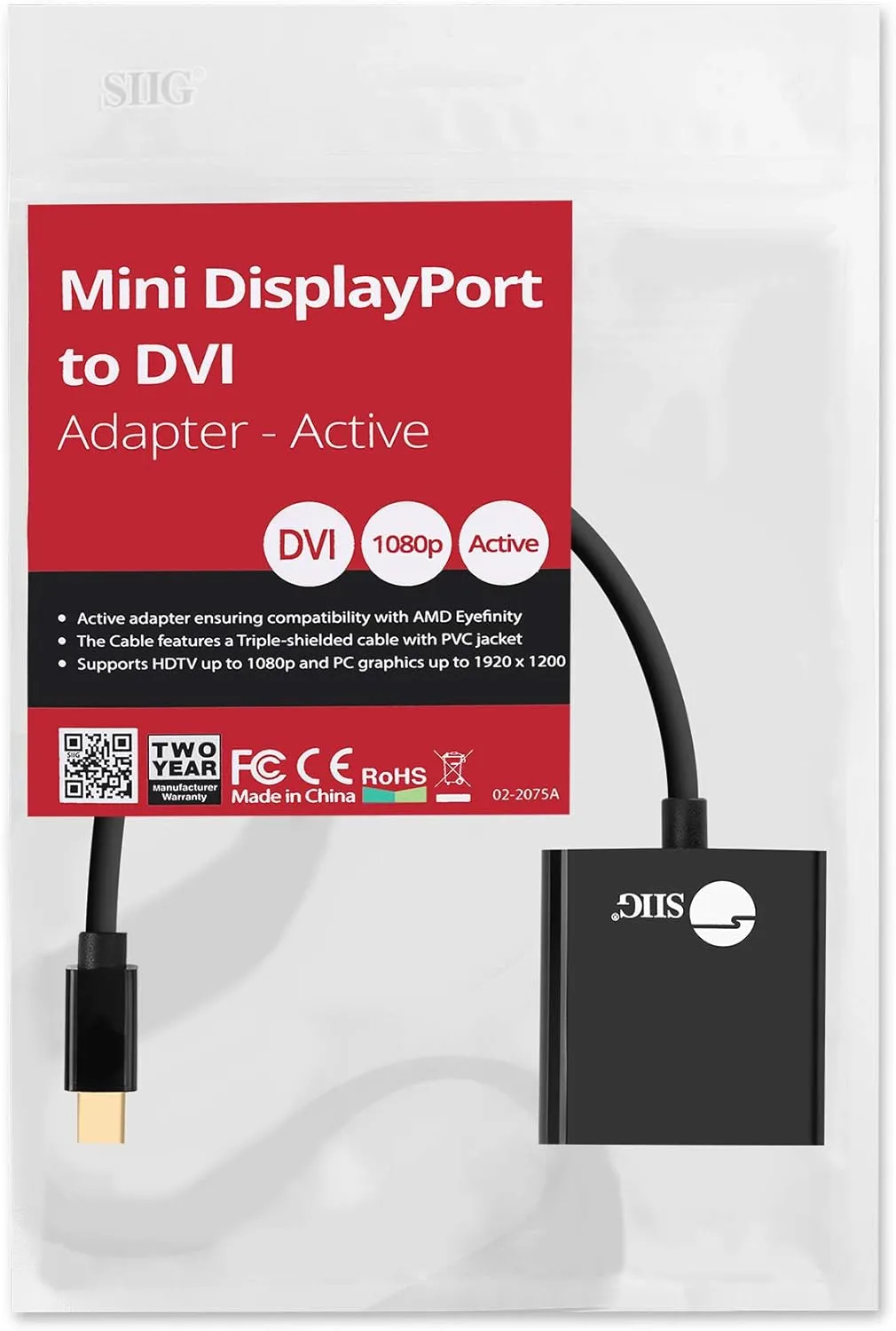 SIIG Mini DisplayPort to DVI Active Adapter - 4K @30Hz Mini DP to DVI-D Single Link Thunderbolt 2 Eyefinity Compatible