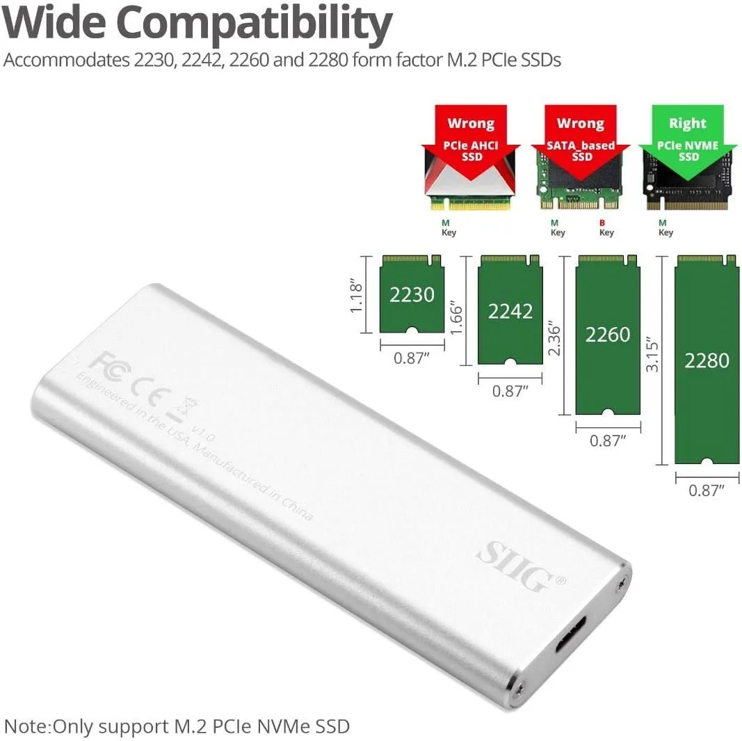 SIIG USB C Nvme SSD Portable Enclosure, 10Gbps USB 3.1 Gen 2 to NVMe SSD