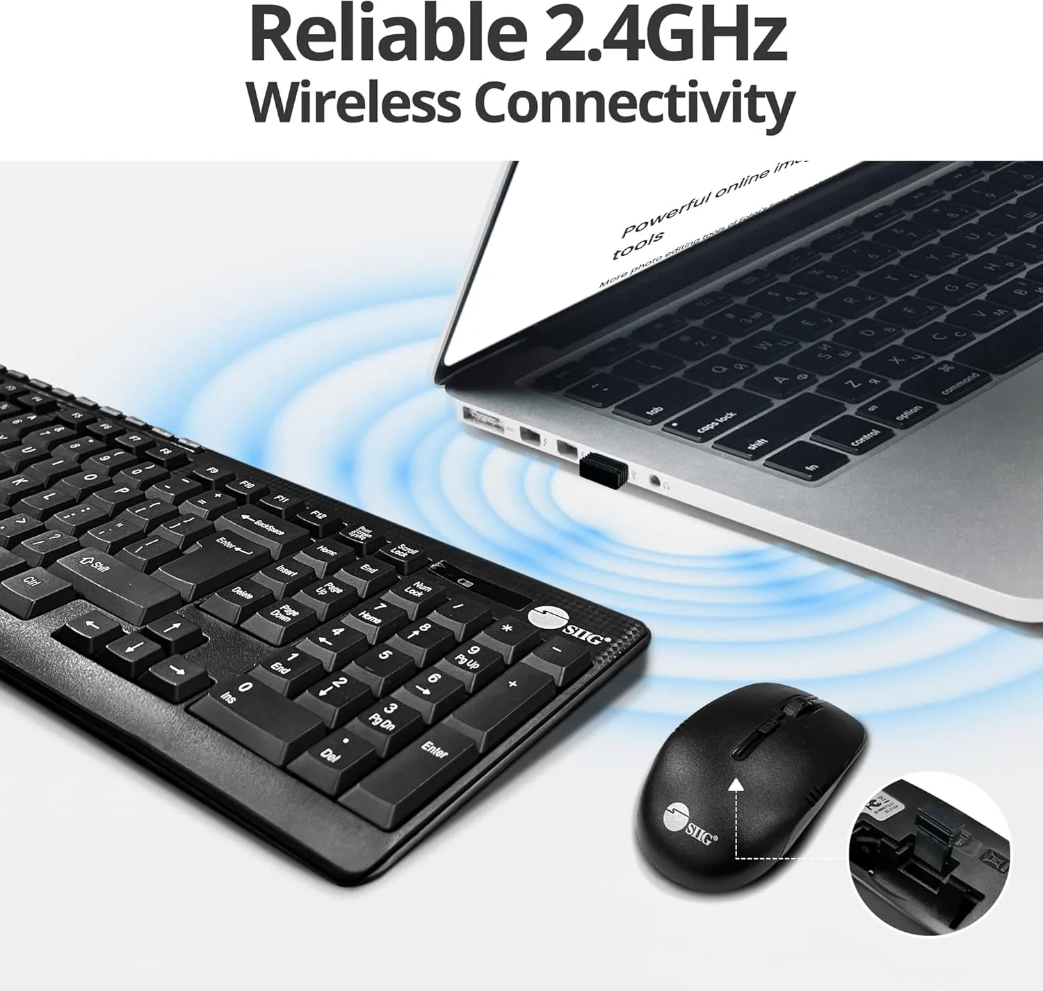 SIIG Jk-WR0T12-S1 Standard Size 102Key Wireless Keyboard with 3Button Wireless Optical Mouse, Black 102-key