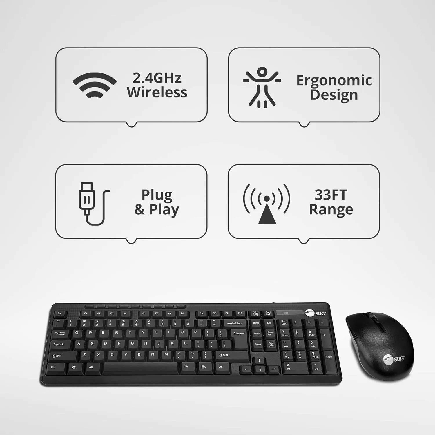 SIIG Jk-WR0T12-S1 Standard Size 102Key Wireless Keyboard with 3Button Wireless Optical Mouse, Black 102-key