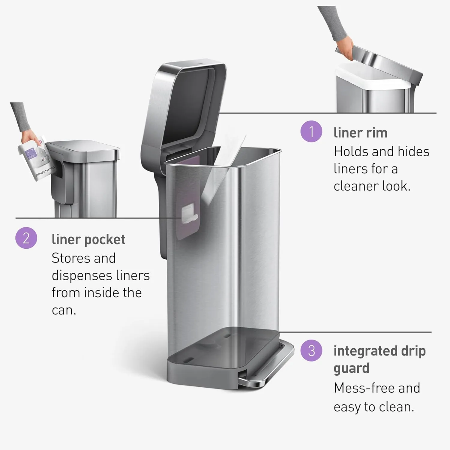 simplehuman 45 Liter / 12 Gallon Liter Rectangular Hands-Free Kitchen Step Trash Can with Soft-Close Lid