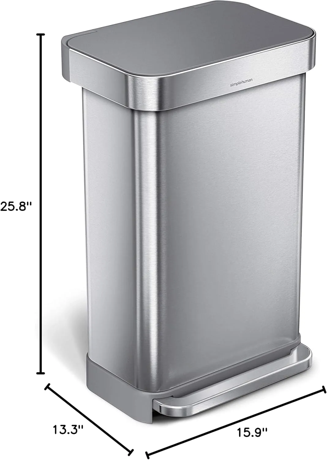 simplehuman 45 Liter / 12 Gallon Liter Rectangular Hands-Free Kitchen Step Trash Can with Soft-Close Lid