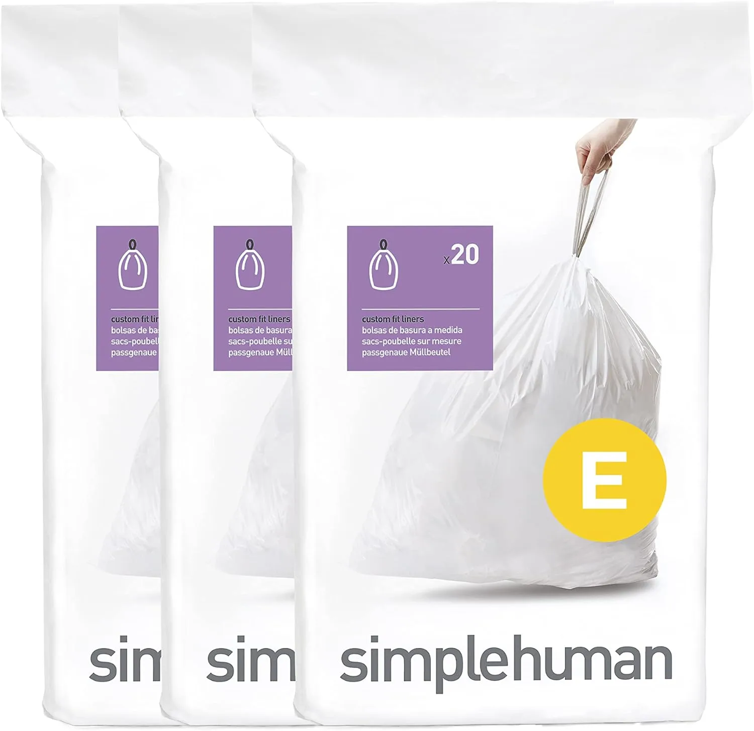 simplehuman Custom-Fit Trash Can Liners, Drawstring, White
