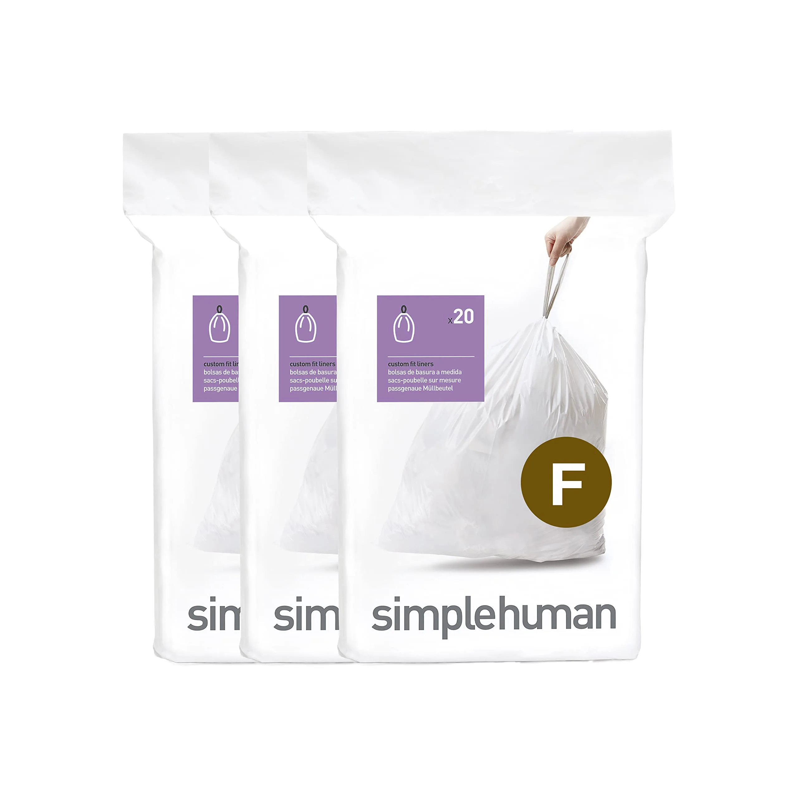 simplehuman Custom-Fit Trash Can Liners, Drawstring, White