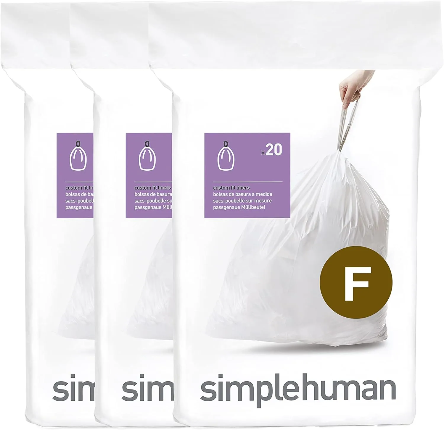 simplehuman Custom-Fit Trash Can Liners, Drawstring, White
