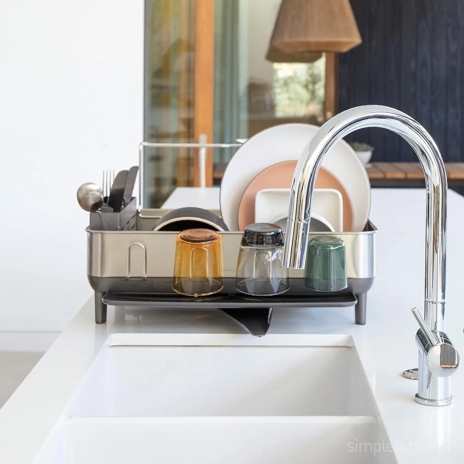 simplehuman Large Capacity Dish Drying Rack with Stainless Steel Frame, 360º Easy Drain Swivel Spout
