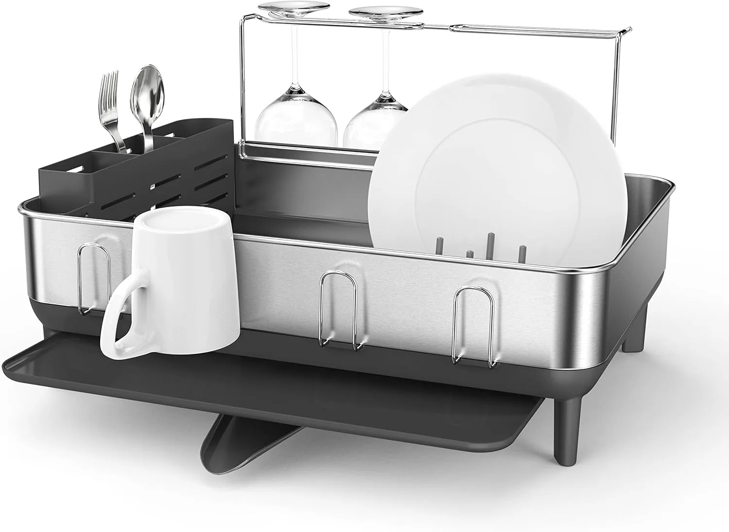 simplehuman Large Capacity Dish Drying Rack with Stainless Steel Frame, 360º Easy Drain Swivel Spout