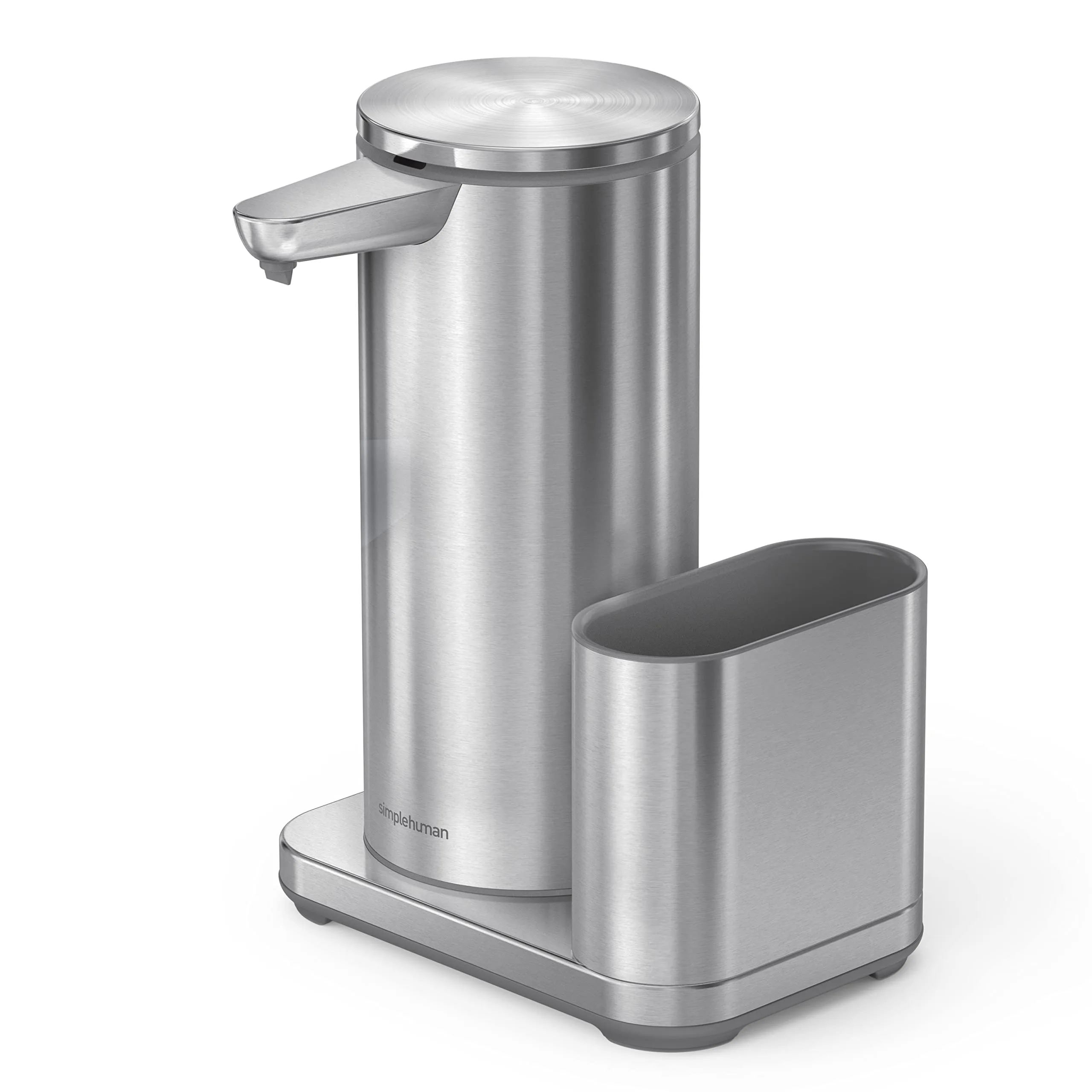 simplehuman Touch-Free Rechargeable Sensor Liquid Soap And Hand Sanitizer Dispenser, With Caddy, 14 Oz, Brushed Silver