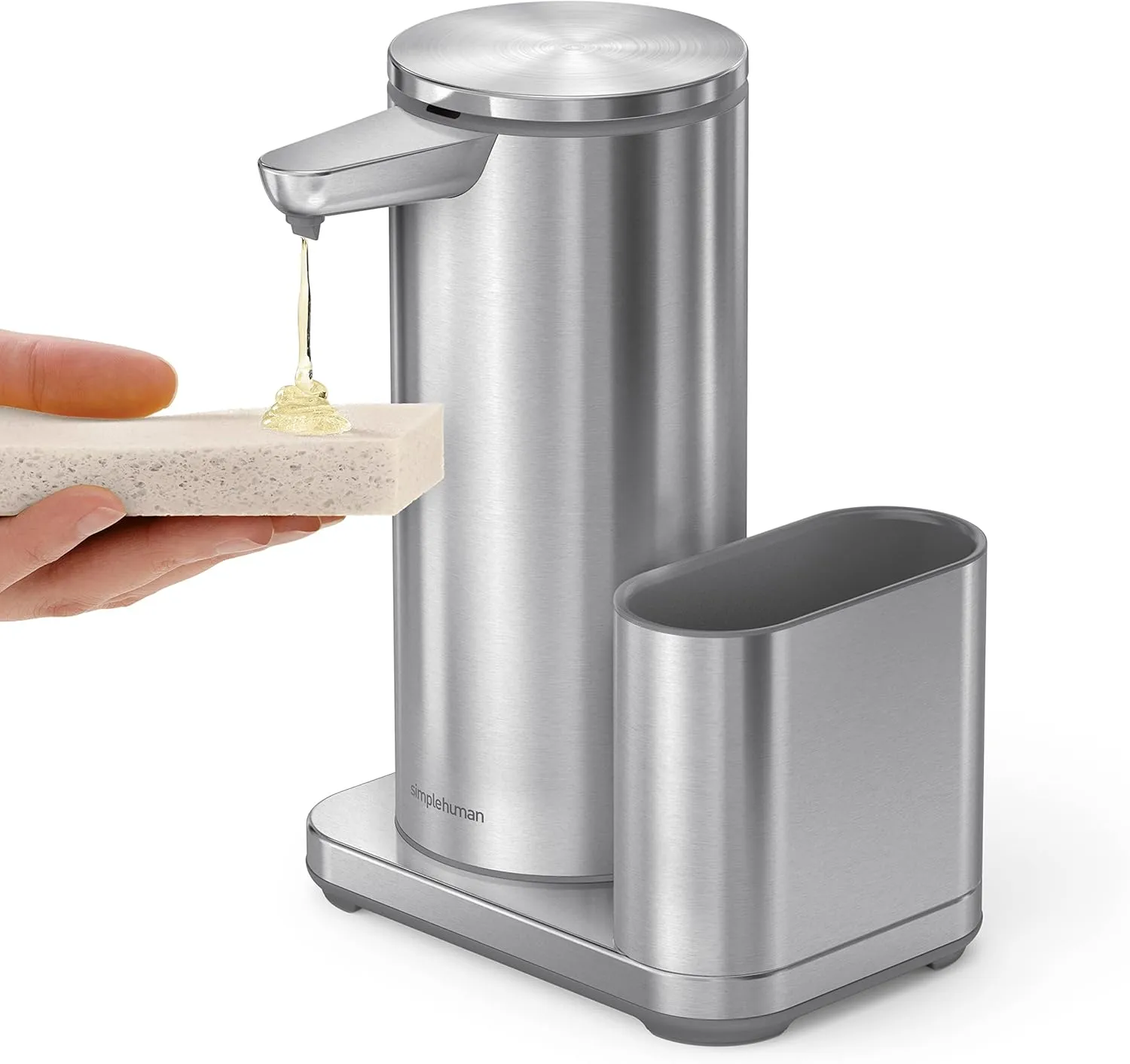 simplehuman Touch-Free Rechargeable Sensor Liquid Soap And Hand Sanitizer Dispenser, With Caddy, 14 Oz, Brushed Silver