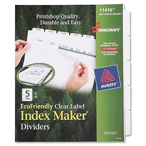 SKILCRAFT Index Maker Recycled Clear Label Dividers with White Tabs, 5-Tab