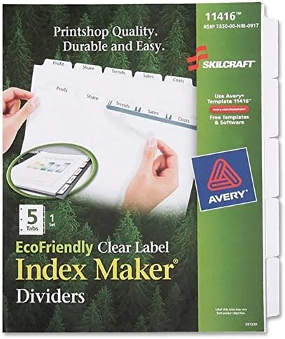 SKILCRAFT Index Maker Recycled Clear Label Dividers with White Tabs, 5-Tab