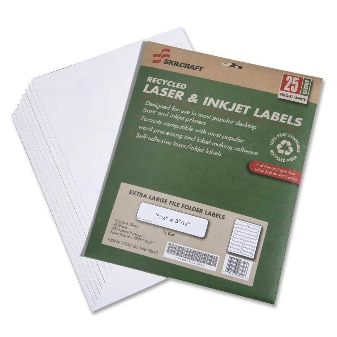 SKILCRAFT XL Inkjet/Laser File Folder Labels, 15/16in x 3-7/16in, White, Box Of 25
