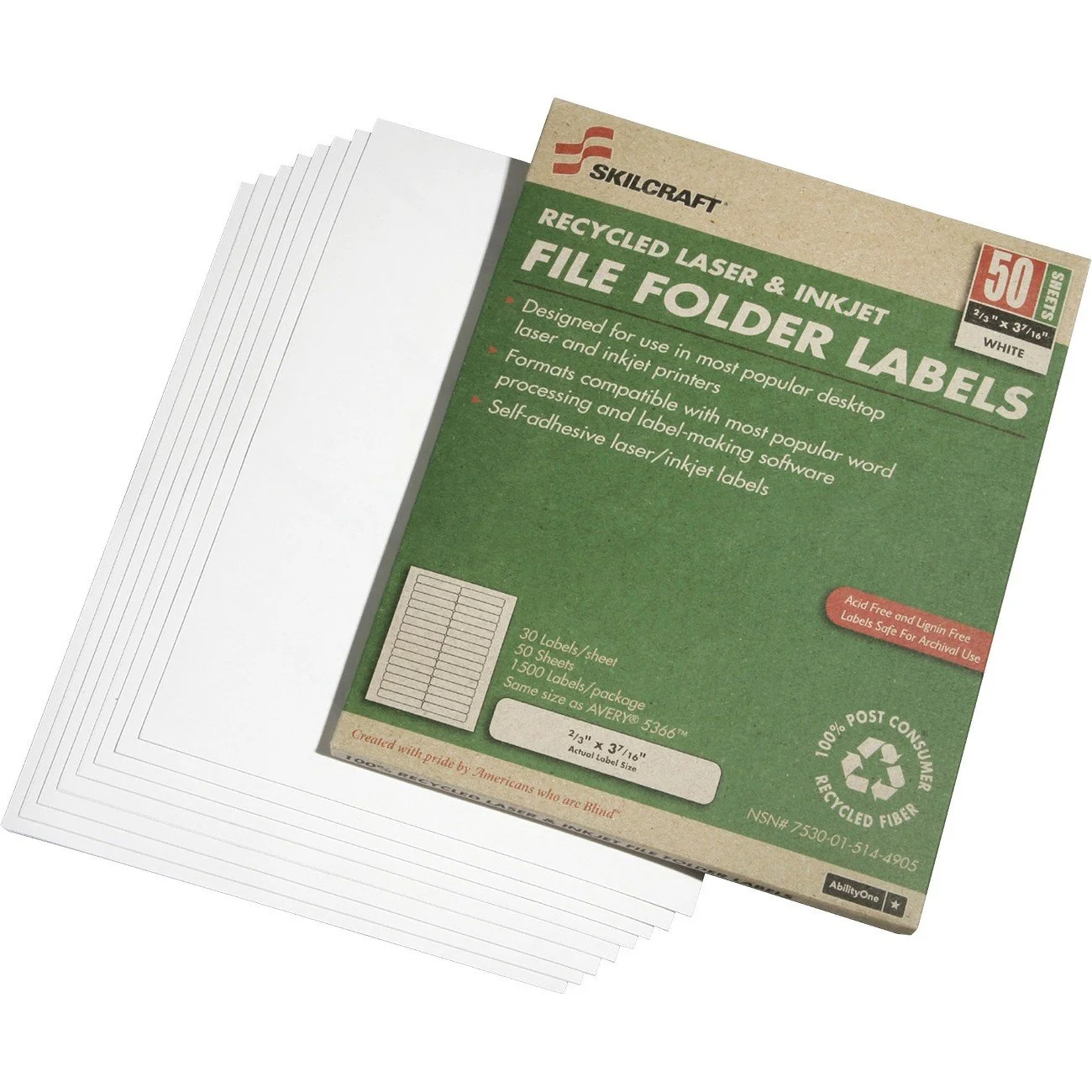 SKILCRAFT 1/3 Cut Permanent Inkjet/Laser File Folder Labels, Rectangle, White, Box Of 50 Sheets (AbilityOne 7530-01-514-4905)