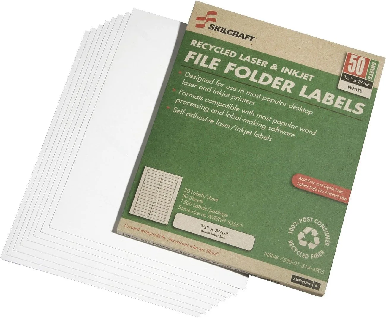 SKILCRAFT 1/3 Cut Permanent Inkjet/Laser File Folder Labels, Rectangle, White, Box Of 50 Sheets (AbilityOne 7530-01-514-4905)