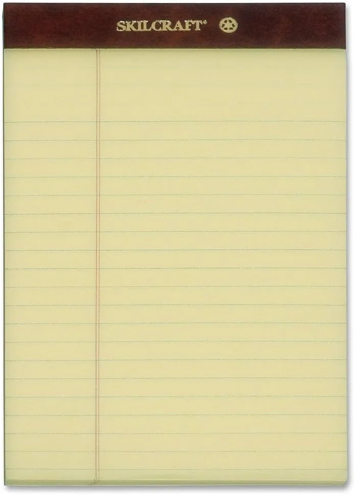 SKILCRAFT 30% Recycled Perforated Writing Pads, 5in x 8in, Yellow, Legal Ruled, Pack of 12 (NSN 7530-01-356-6726)