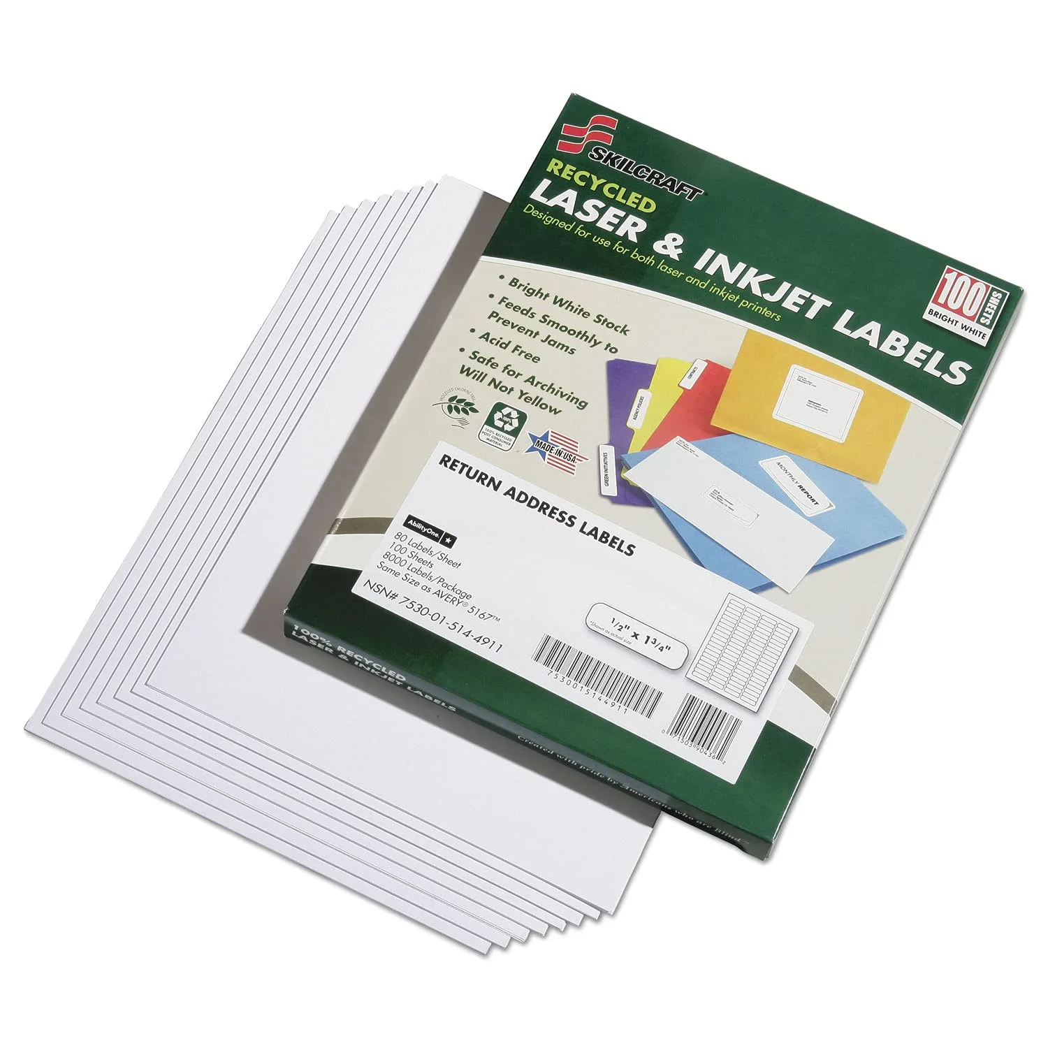 SKILCRAFT Recycled Laser & Inkjet Address Labels, 0.5 x 1.75 in, 80/Sheet, 100 Sheets/Box