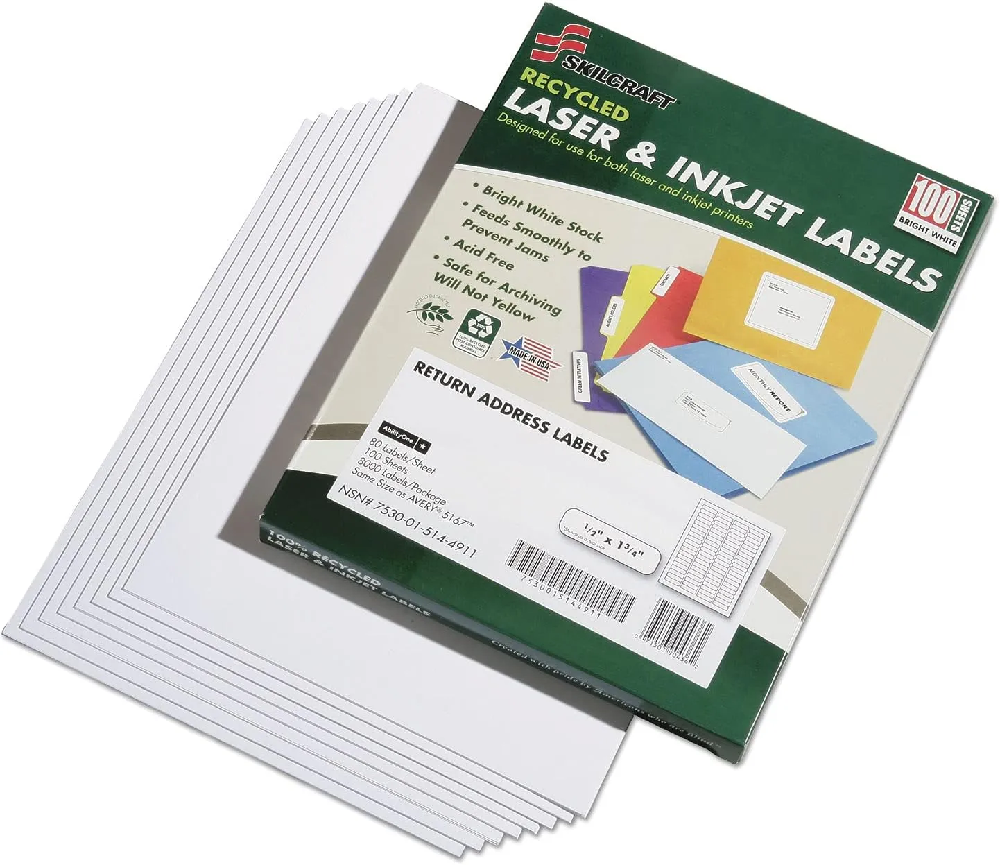 SKILCRAFT Recycled Laser & Inkjet Address Labels, 0.5 x 1.75 in, 80/Sheet, 100 Sheets/Box