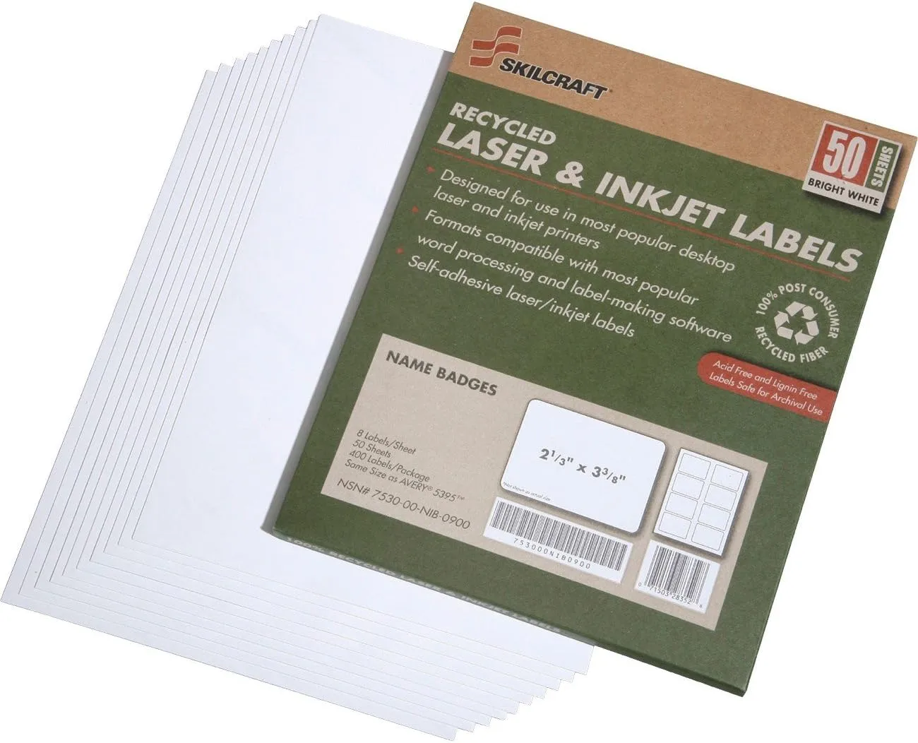 SKILCRAFT Laser/Inkjet Name Badge Labels, 2 1/3in x 3 3/8in, White, Pack Of 50 (AbilityOne 7530-01-578-9299)