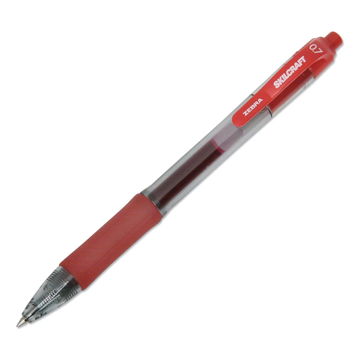 SKILCRAFT Retractable Gel Pens, Medium Point, 0.7 mm, Clear/Red Barrel, Red Ink, Pack Of 12 Pens