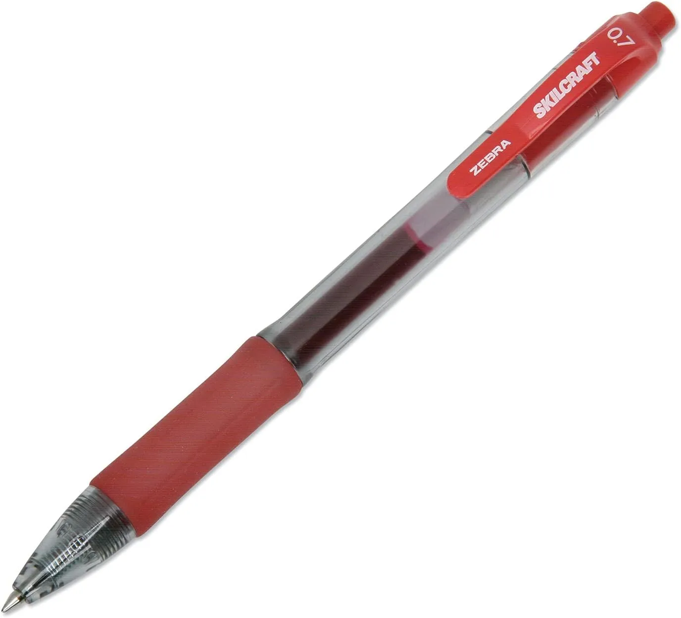 SKILCRAFT Retractable Gel Pens, Medium Point, 0.7 mm, Clear/Red Barrel, Red Ink, Pack Of 12 Pens