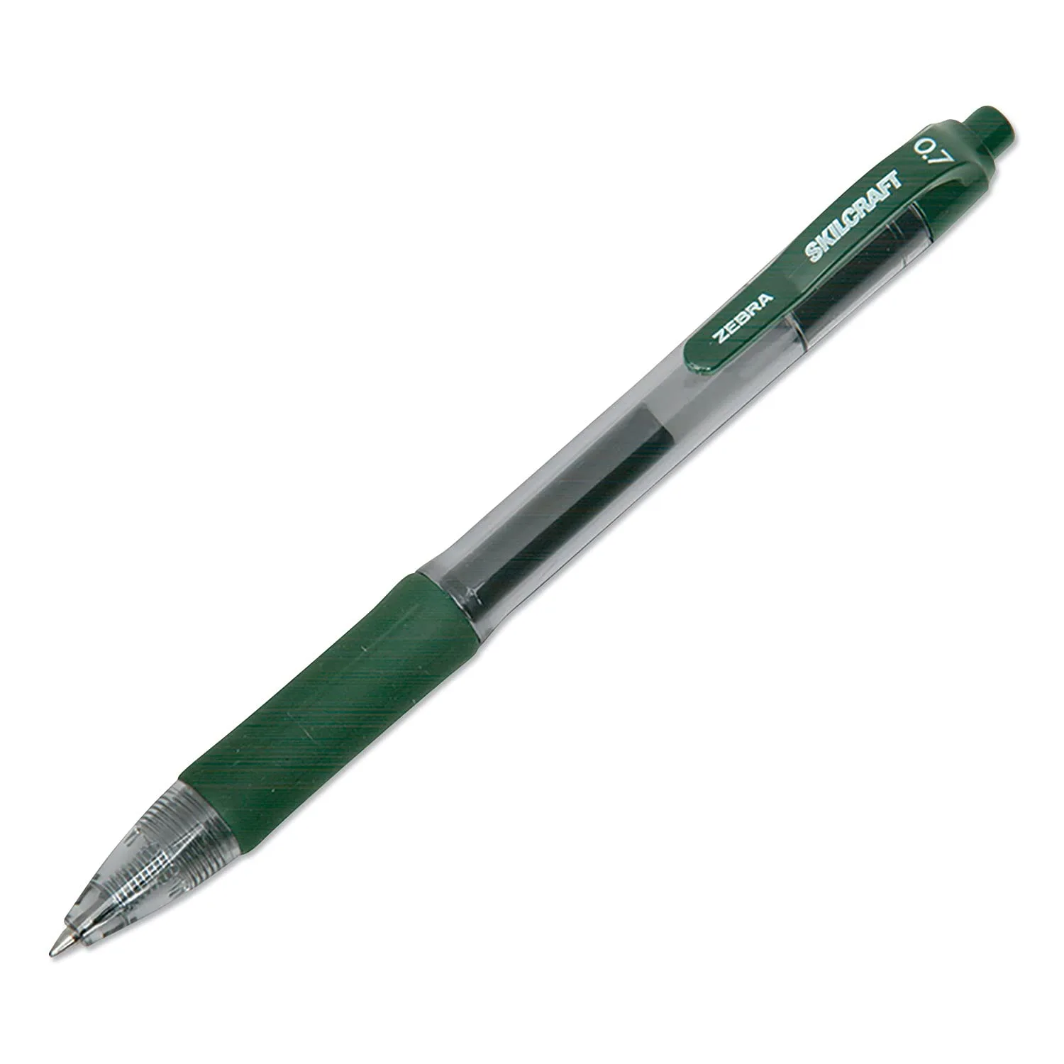 SKILCRAFT Retractable Gel Pens, Medium Point, 0.7 mm, Clear/Green Barrel, Green Ink, Pack Of 12 Pens