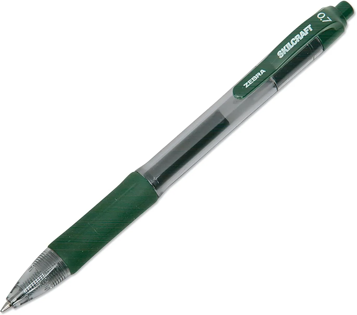 SKILCRAFT Retractable Gel Pens, Medium Point, 0.7 mm, Clear/Green Barrel, Green Ink, Pack Of 12 Pens