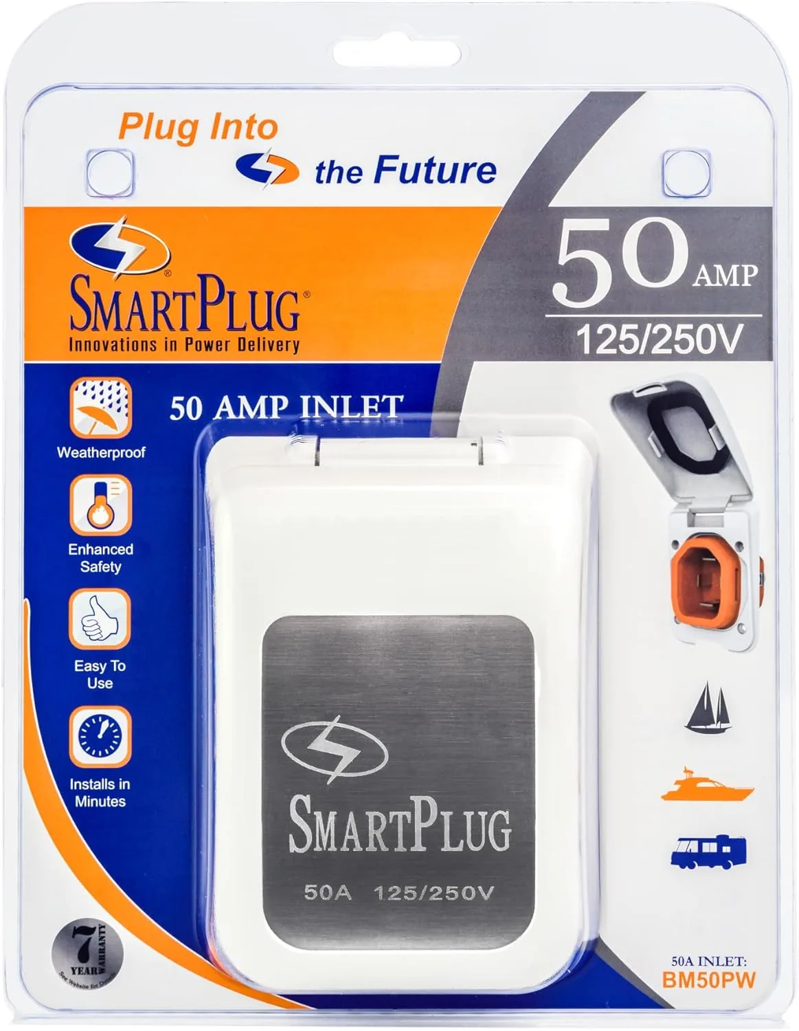 SmartPlug BM50PW 50 Amp 125/250V Shore Power Inlet & Cover Assembly - Non-Metallic RV,Boat,Marine Power Inlet Box