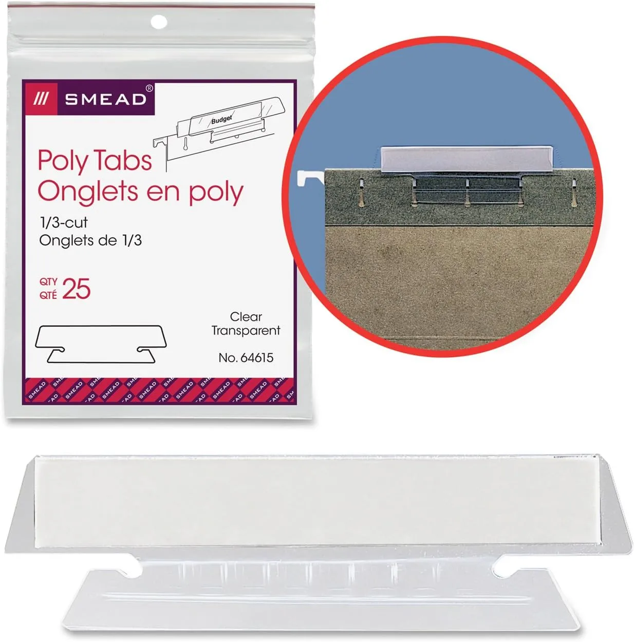 Smead Poly Tab 1/3 Cut, Clear, 25 Per Pack (64615) 1/3-Cut Tabs